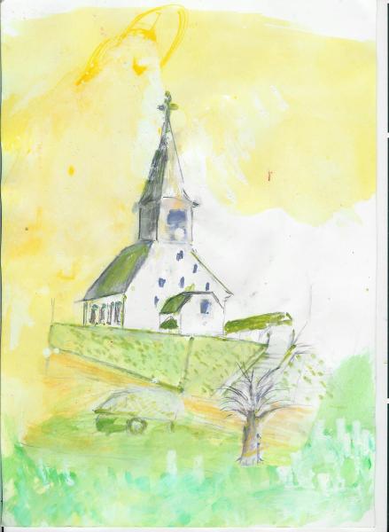 aquarelle &eacute;glise de G&eacute;rouville